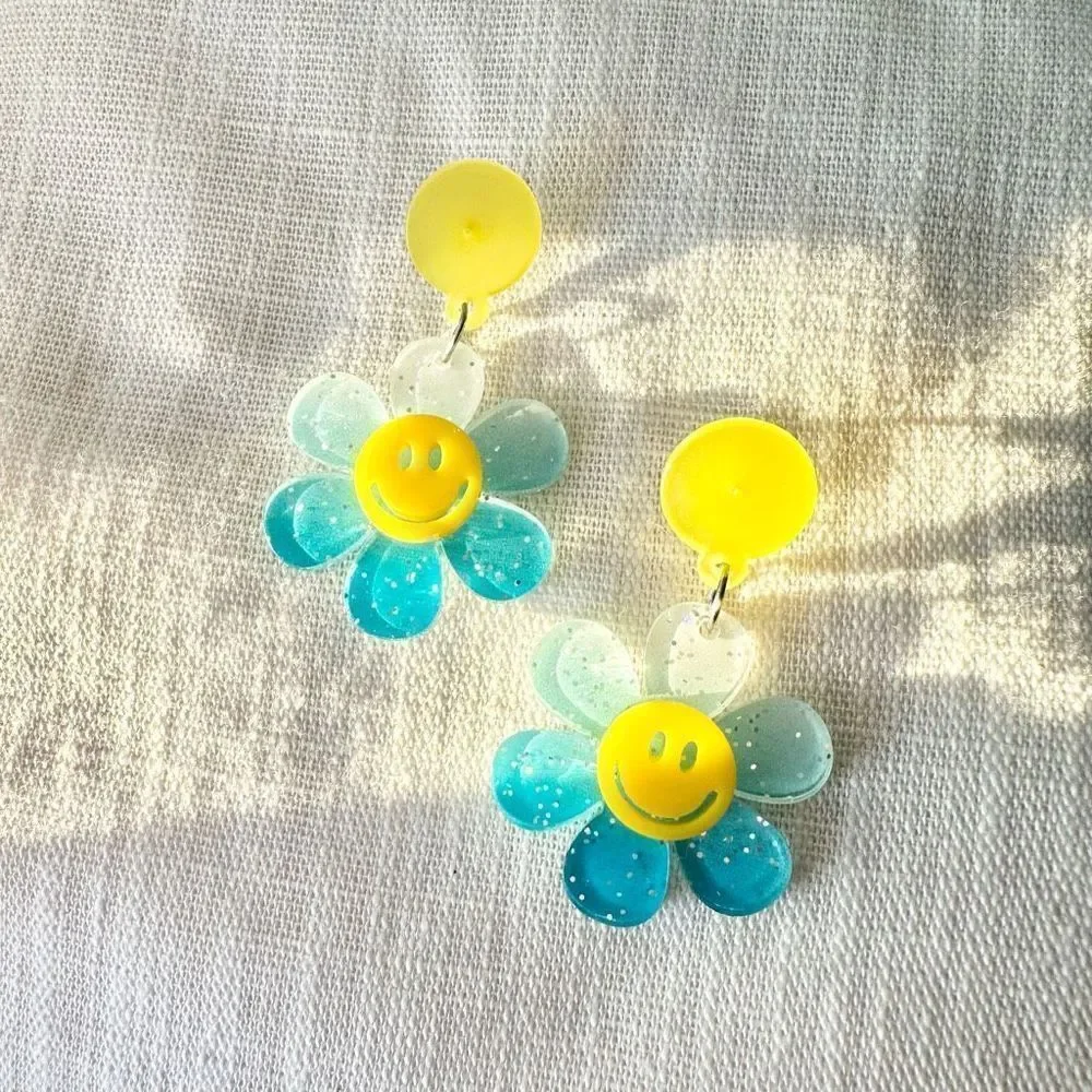 Yellow and blue smiley face flower earrings - 60’s style boho